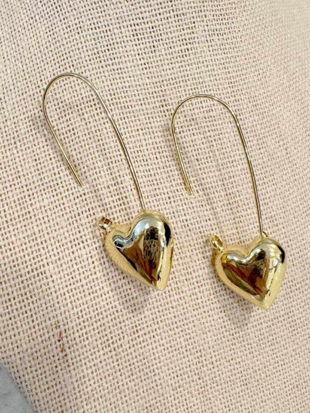 Gold Paperclip Puffed Heart Dangle Earrings